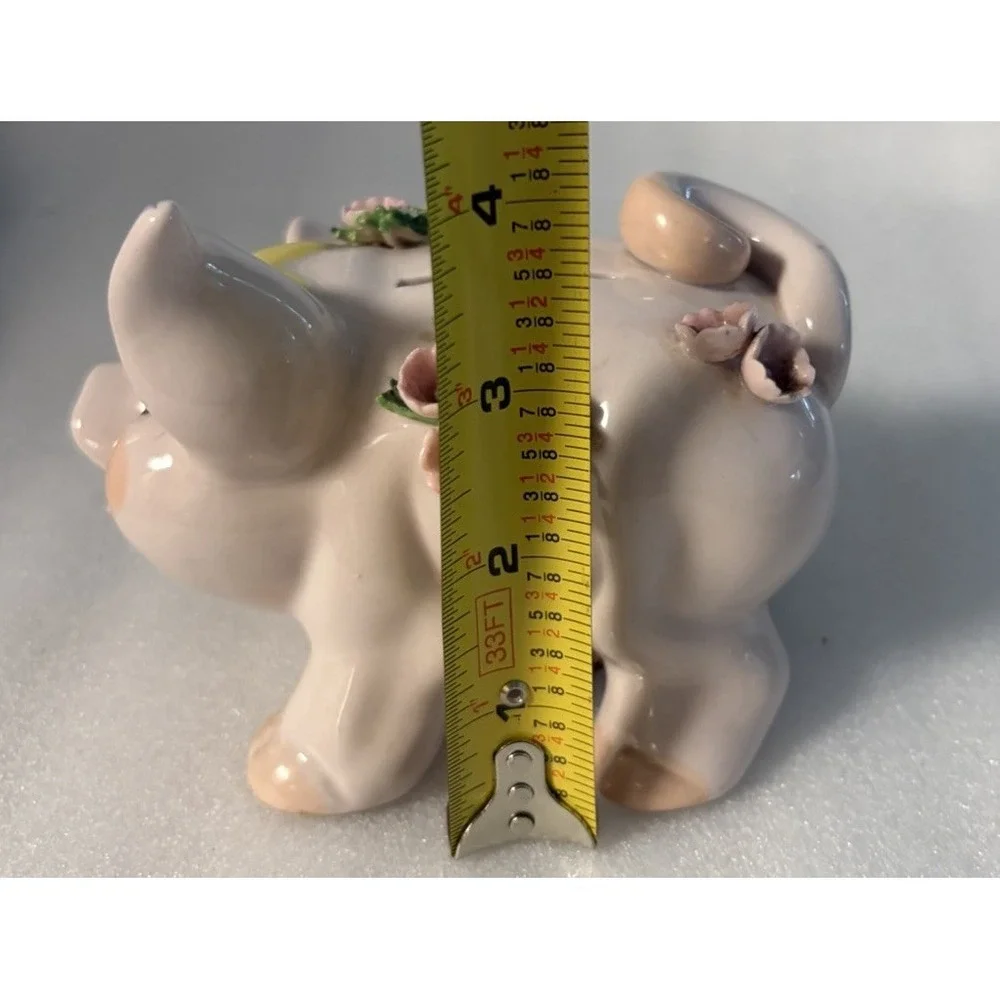 Vintage Lefton Japan Piggy Bank Applied Porcelain Flowers Pink Pig Coin Bank